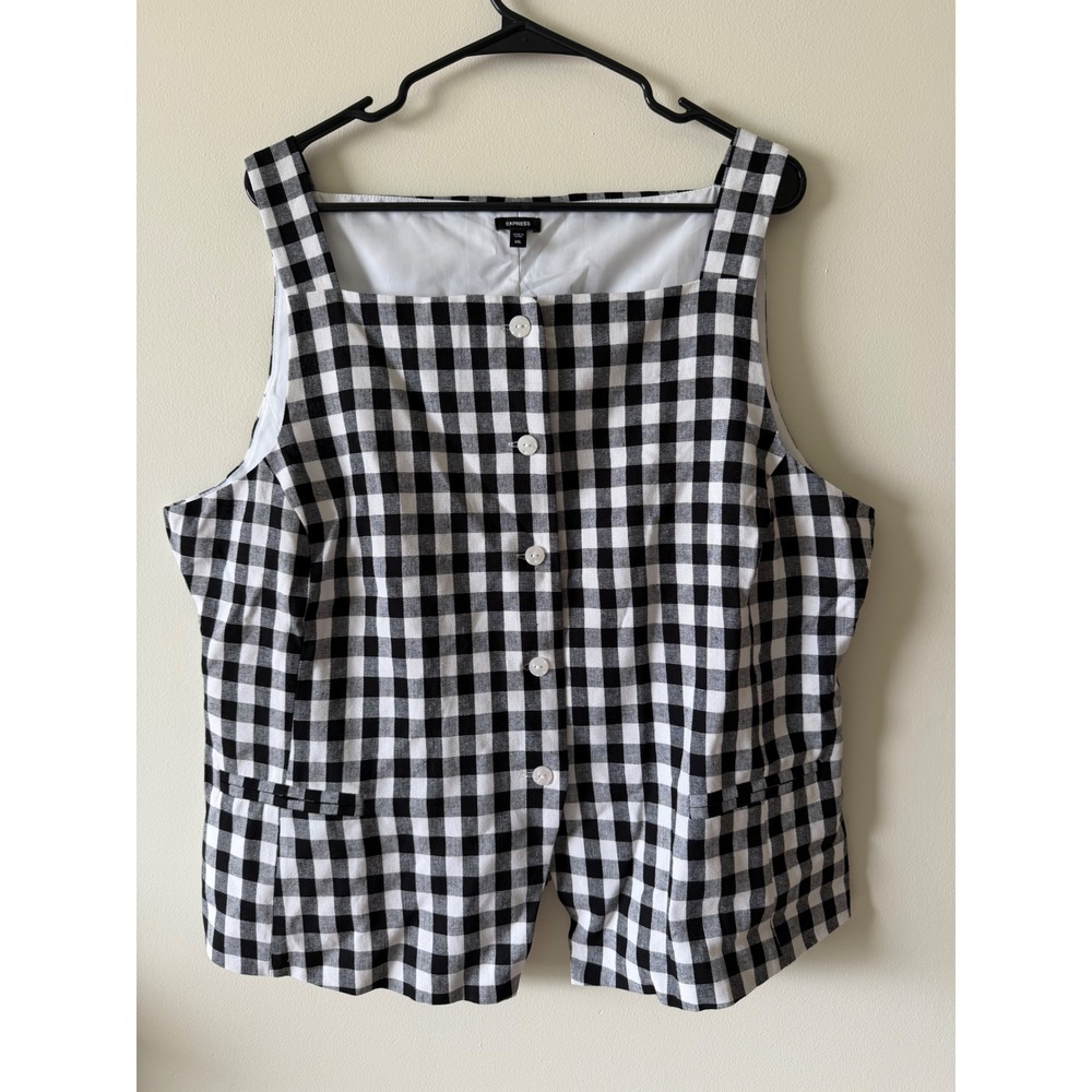 Express Gingham Linen Blend Button Front Vest Top Black White XXL
